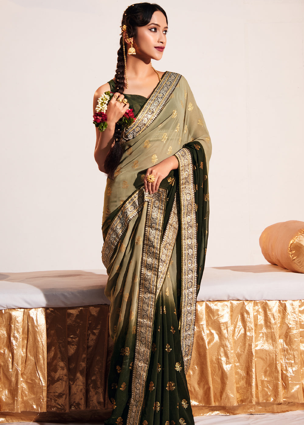 Misty Moss Green Woven Georgette Silk Saree