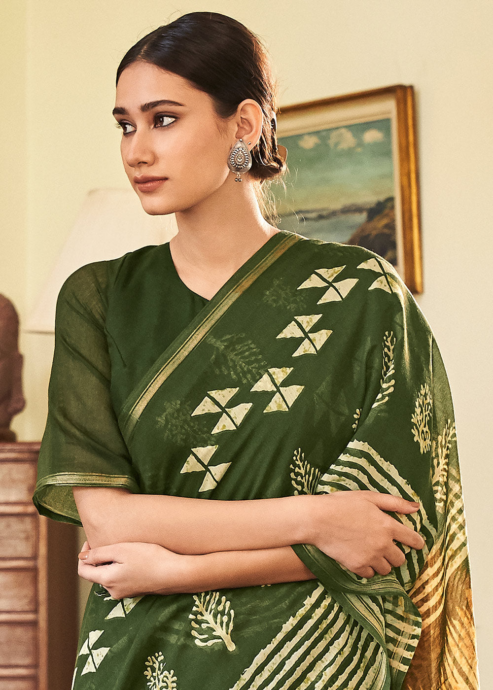 Woodland Green Cotton Linen Batik Printed Saree