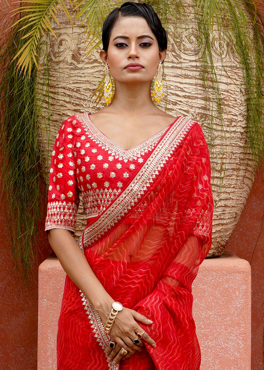 Crimson Red Lehriya Organza Saree With Embroidered Blouse