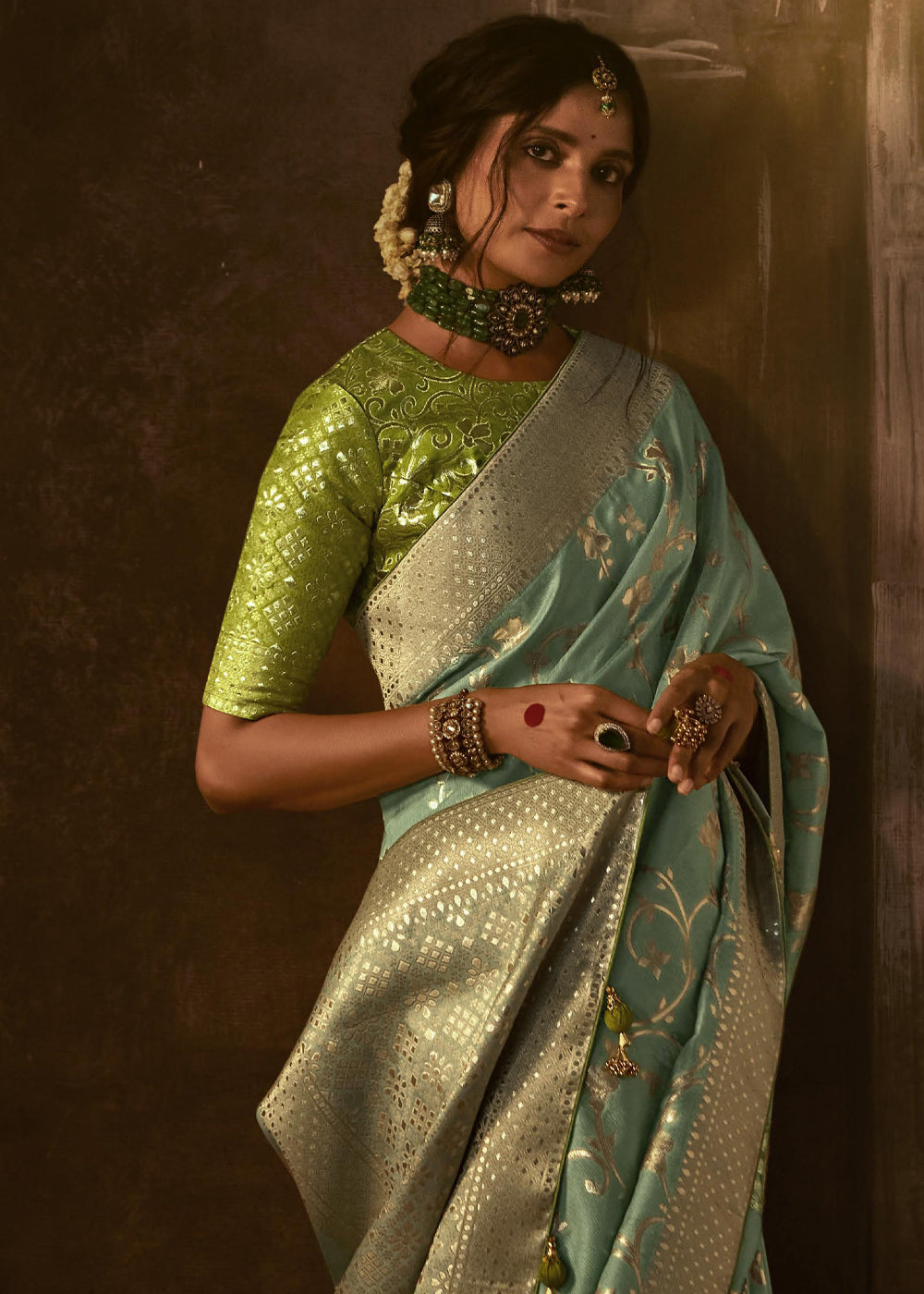 Finch Green Woven Designer Banarasi Silk Saree