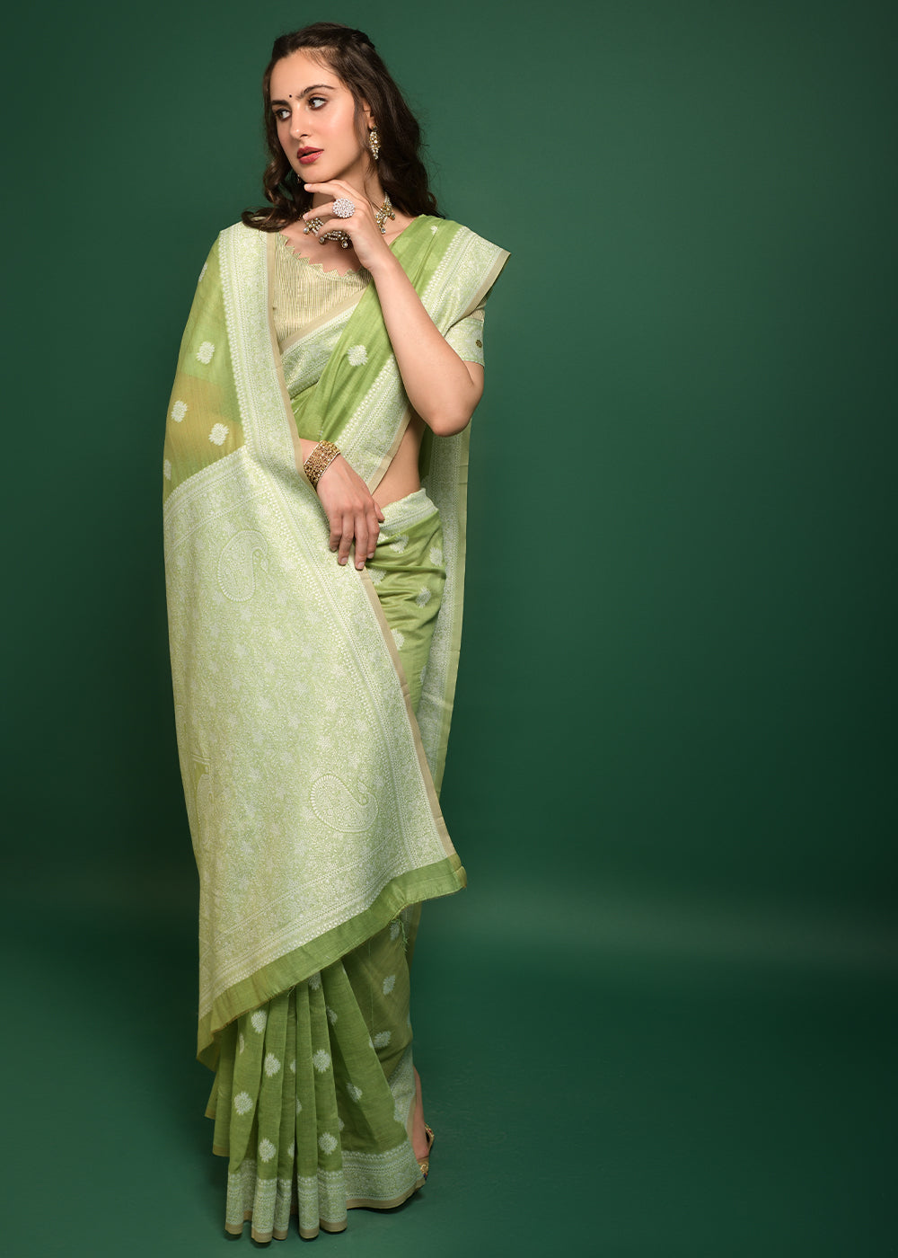 Wild Green Chikankari Chanderi Cotton Woven Saree