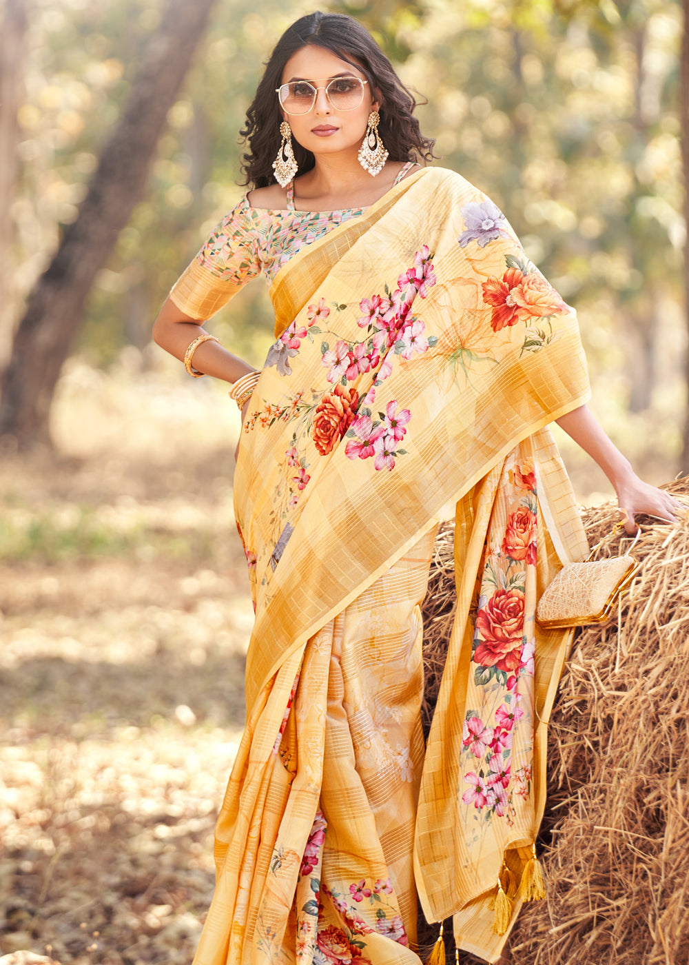 Fresh Yellow Floral Printed Cotton Silk Saree