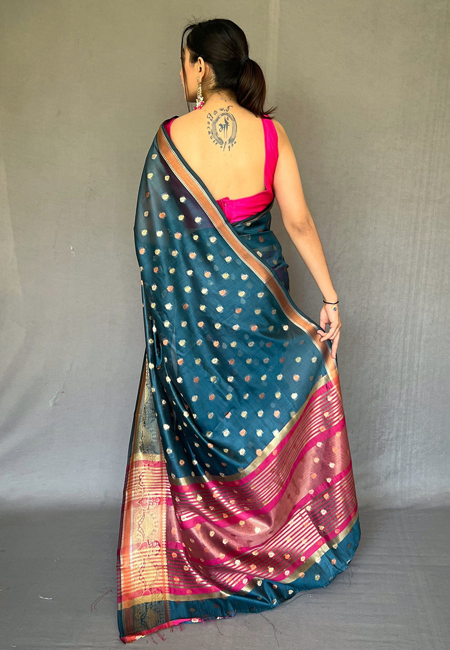 Shark Blue Zari Woven Organza Silk Saree