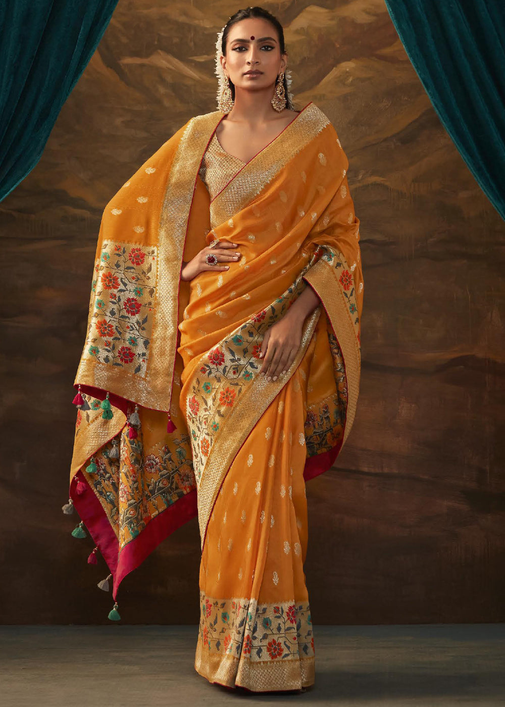 Meteor Orange Woven Paithani Banarasi Soft Silk Saree