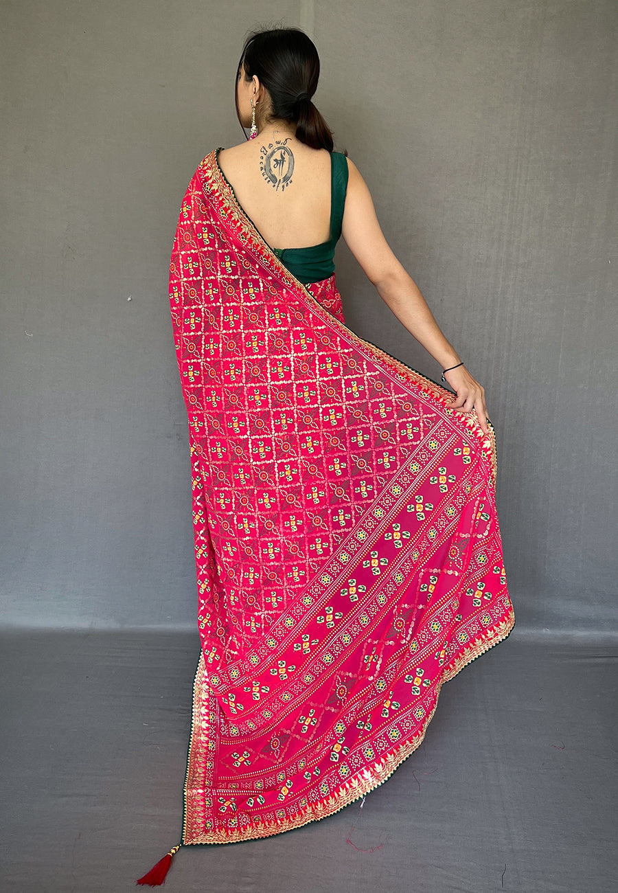 Cabaret Pink Embroidered Georgette Bandhani Saree