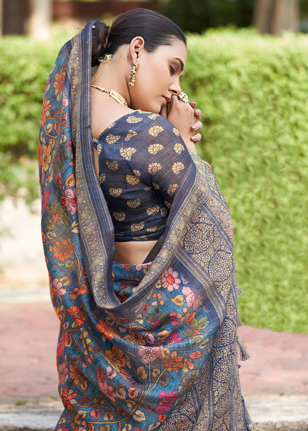 Steel Teal Blue Linen Kalamkari Digital Print Saree