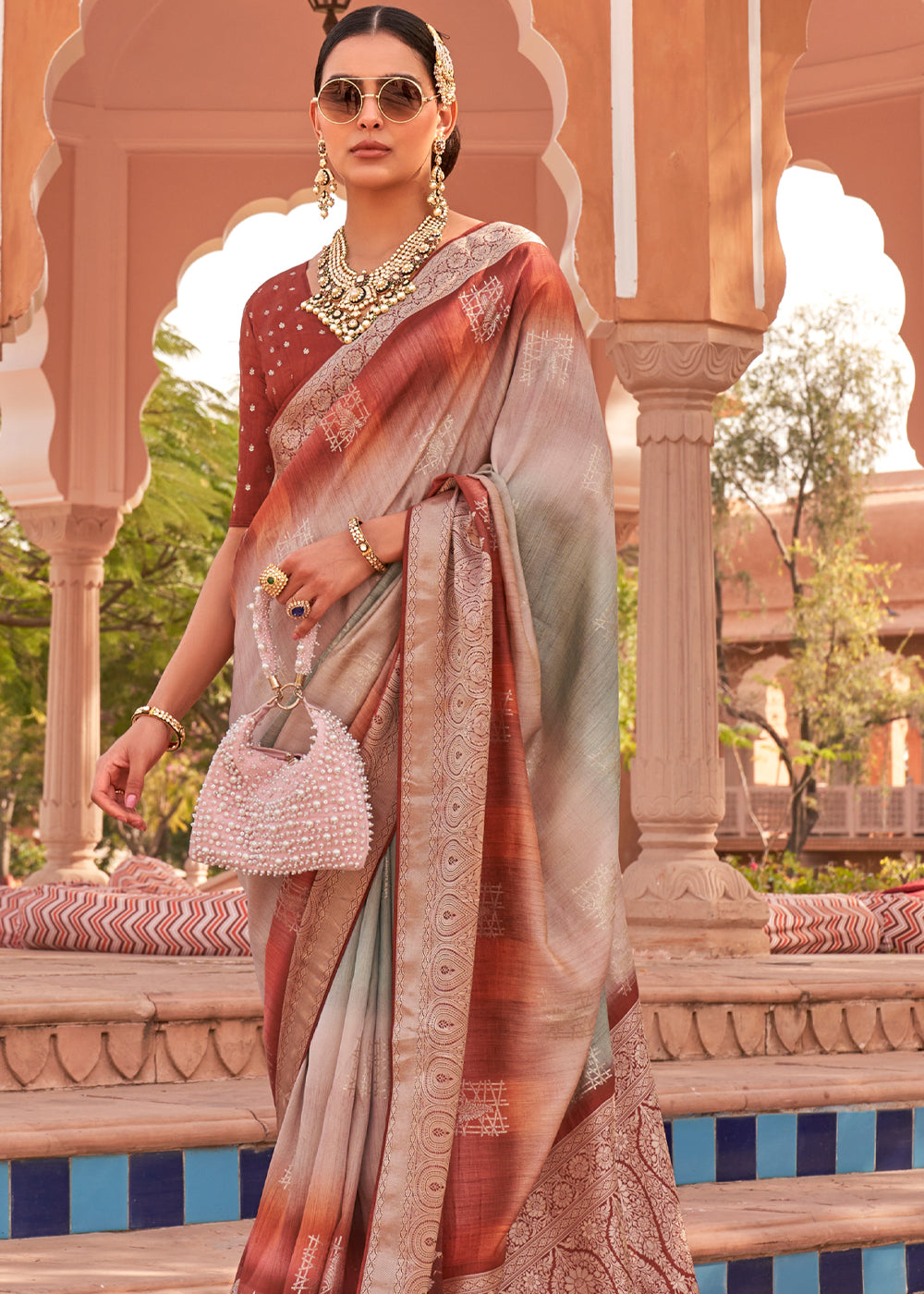 Brandy Rose Brown and Grey Woven Soft Textured Printed Silk Saree