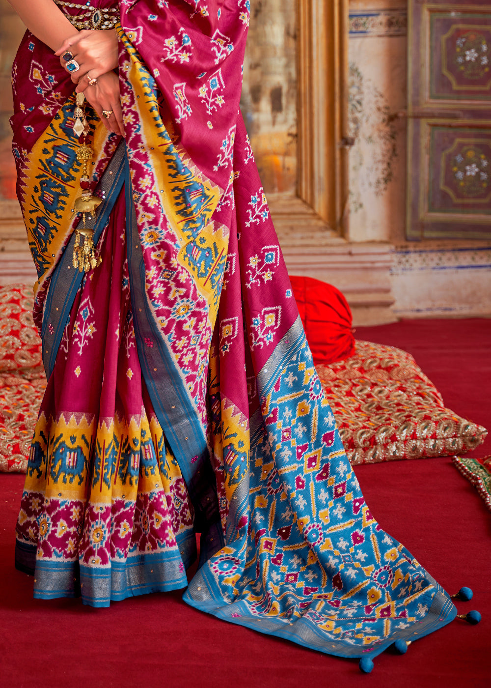 Pink Salmon and Blue Woven Patola Silk Saree