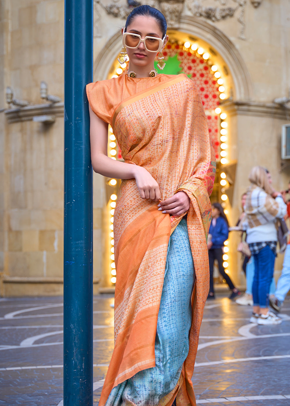 Navajo Orange Printed Handloom Weaving Saree