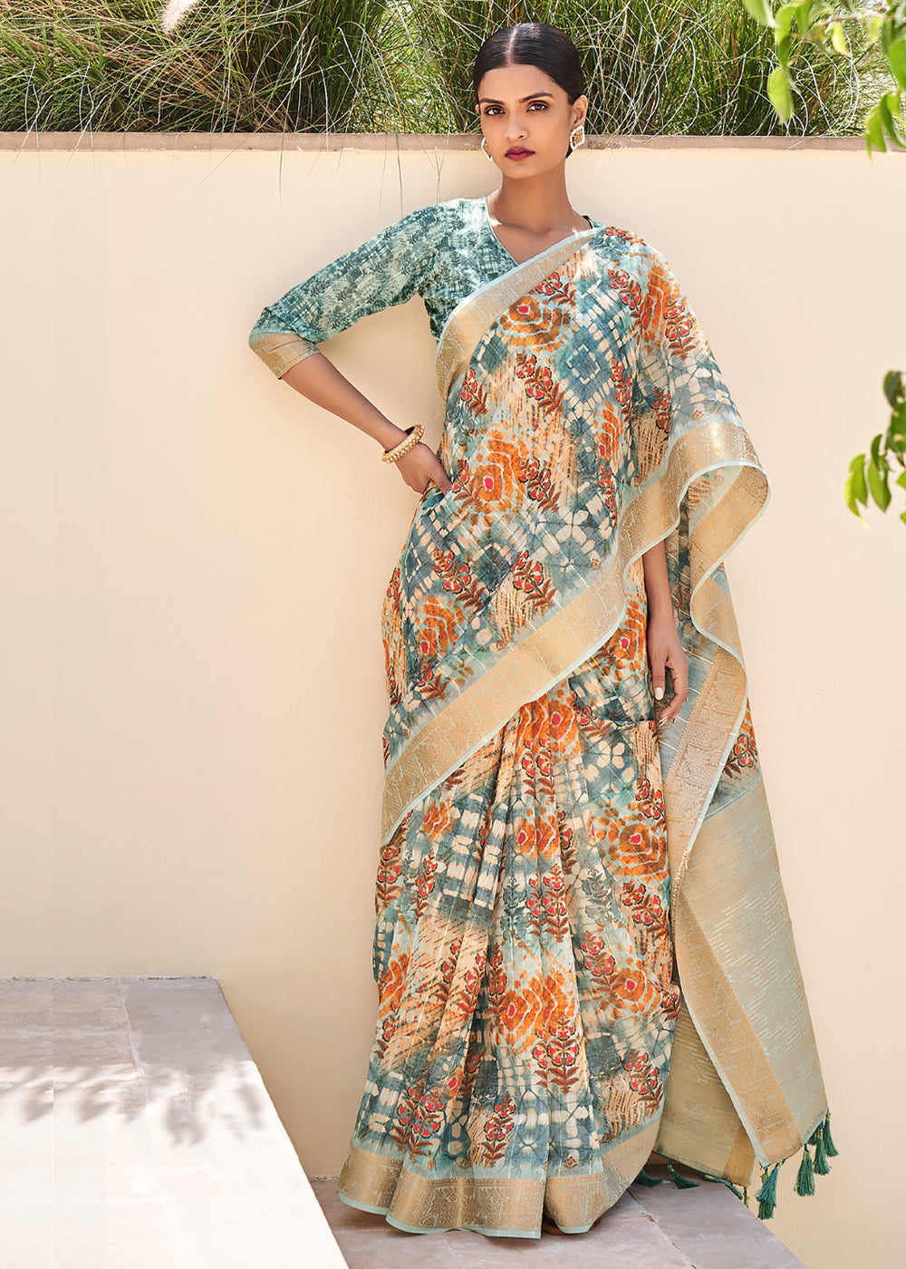 Stack Blue Digital Print Linen Saree