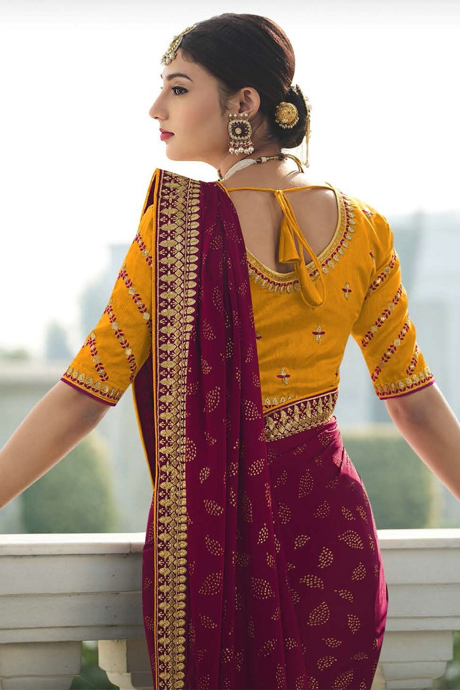 Mulberry and Yellow Chiffon Stone Work Saree