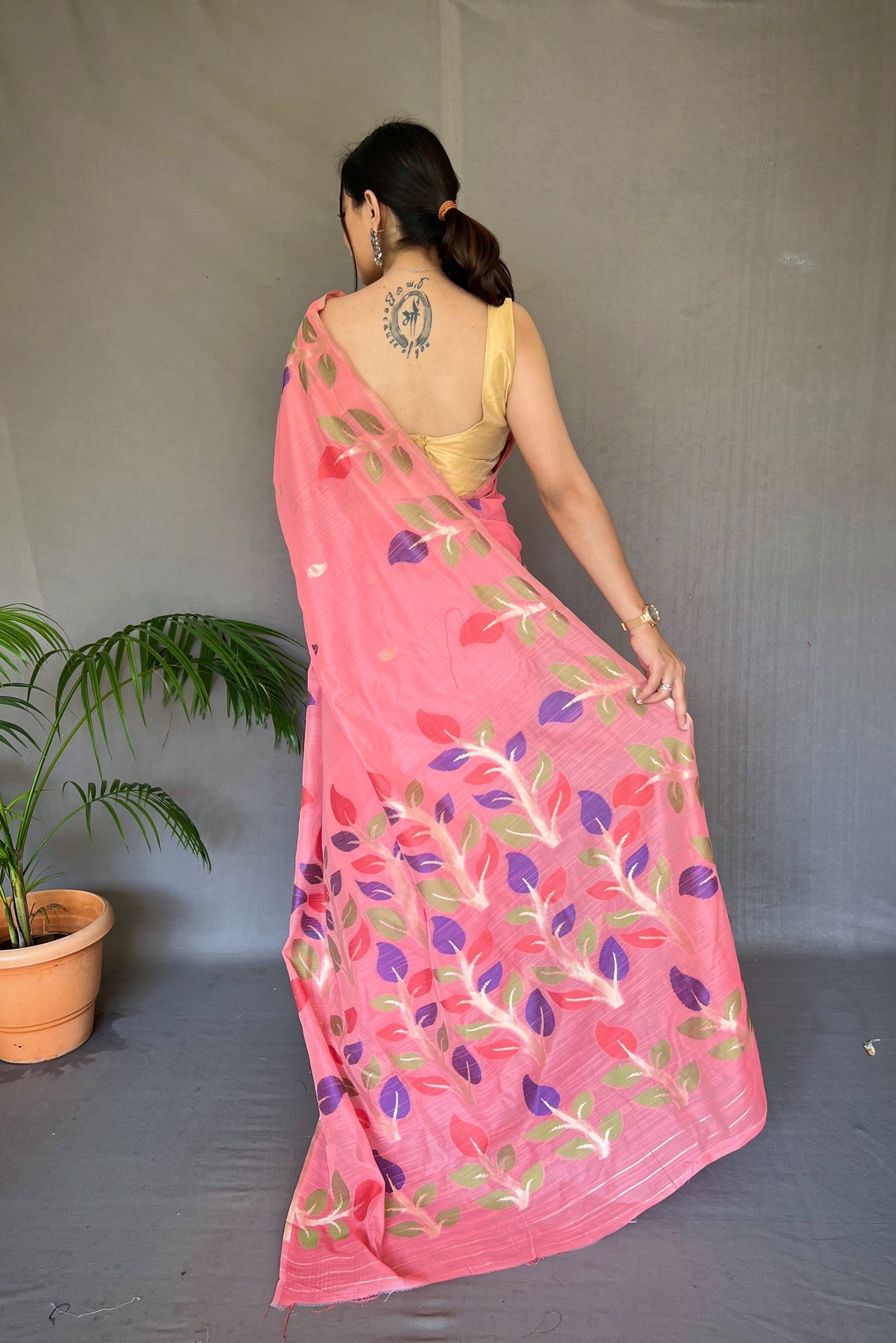 Tickle Me Pink Woven Cotton Jamdani Silk Saree