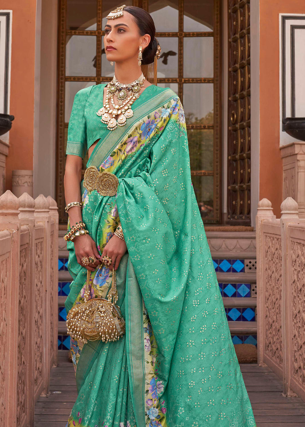 Jungle Green Soft Floral Printed Silk Saree