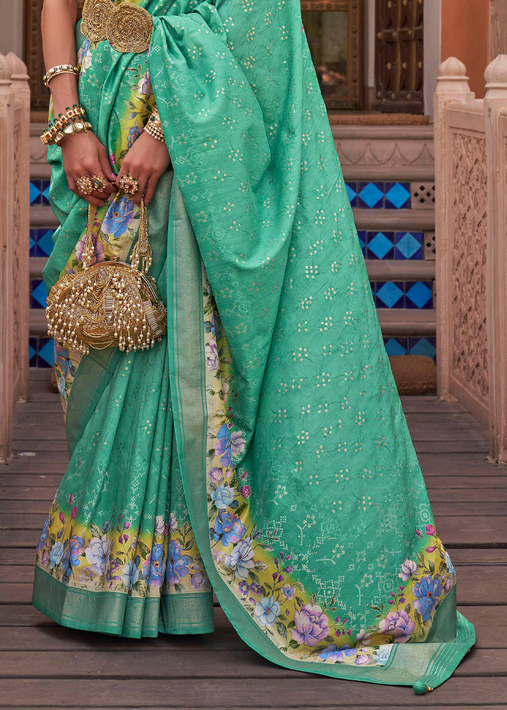 Jungle Green Soft Floral Printed Silk Saree