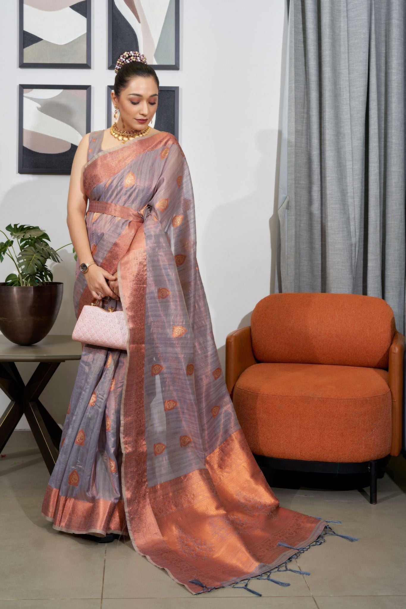 Dusty Gray Grey Woven Organza Tissue Silk Saree