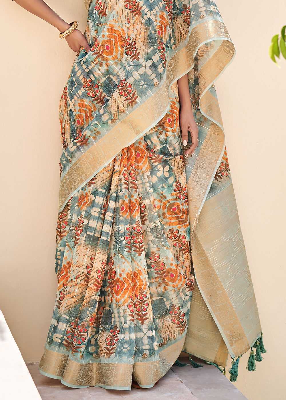 Stack Blue Digital Print Linen Saree