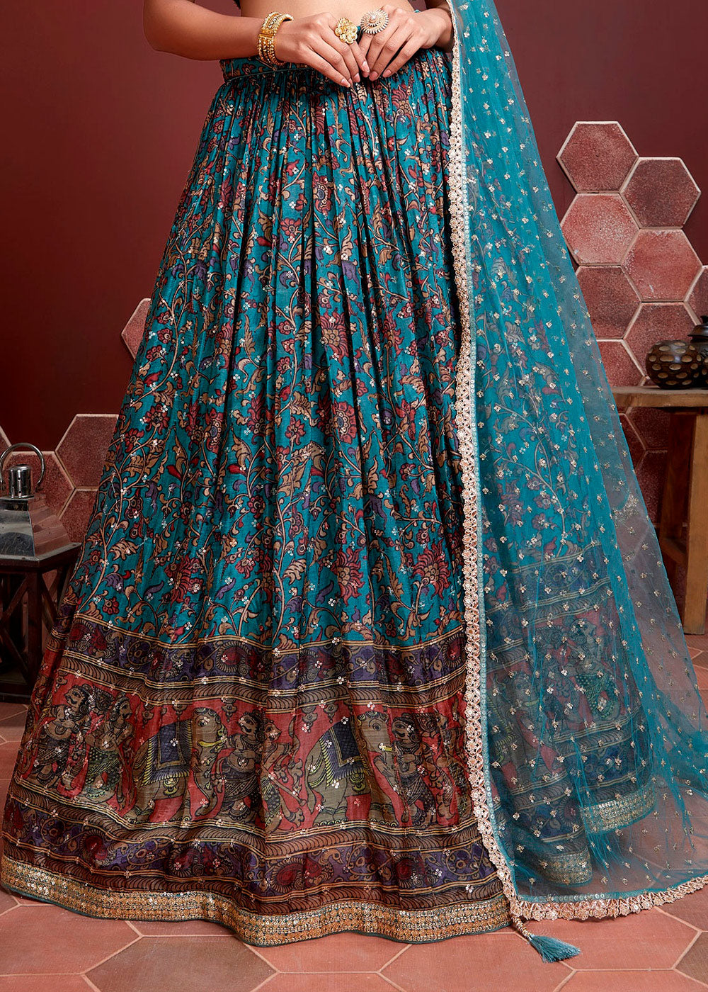 Calypso Blue Printed Chinon Silk Lehenga Choli