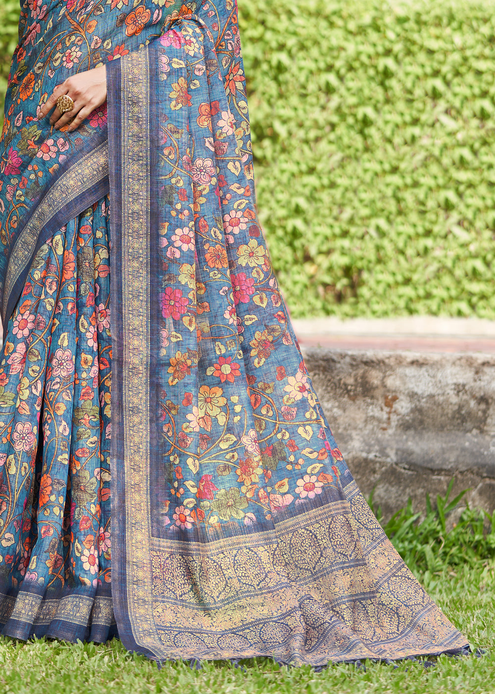 Steel Teal Blue Linen Kalamkari Digital Print Saree