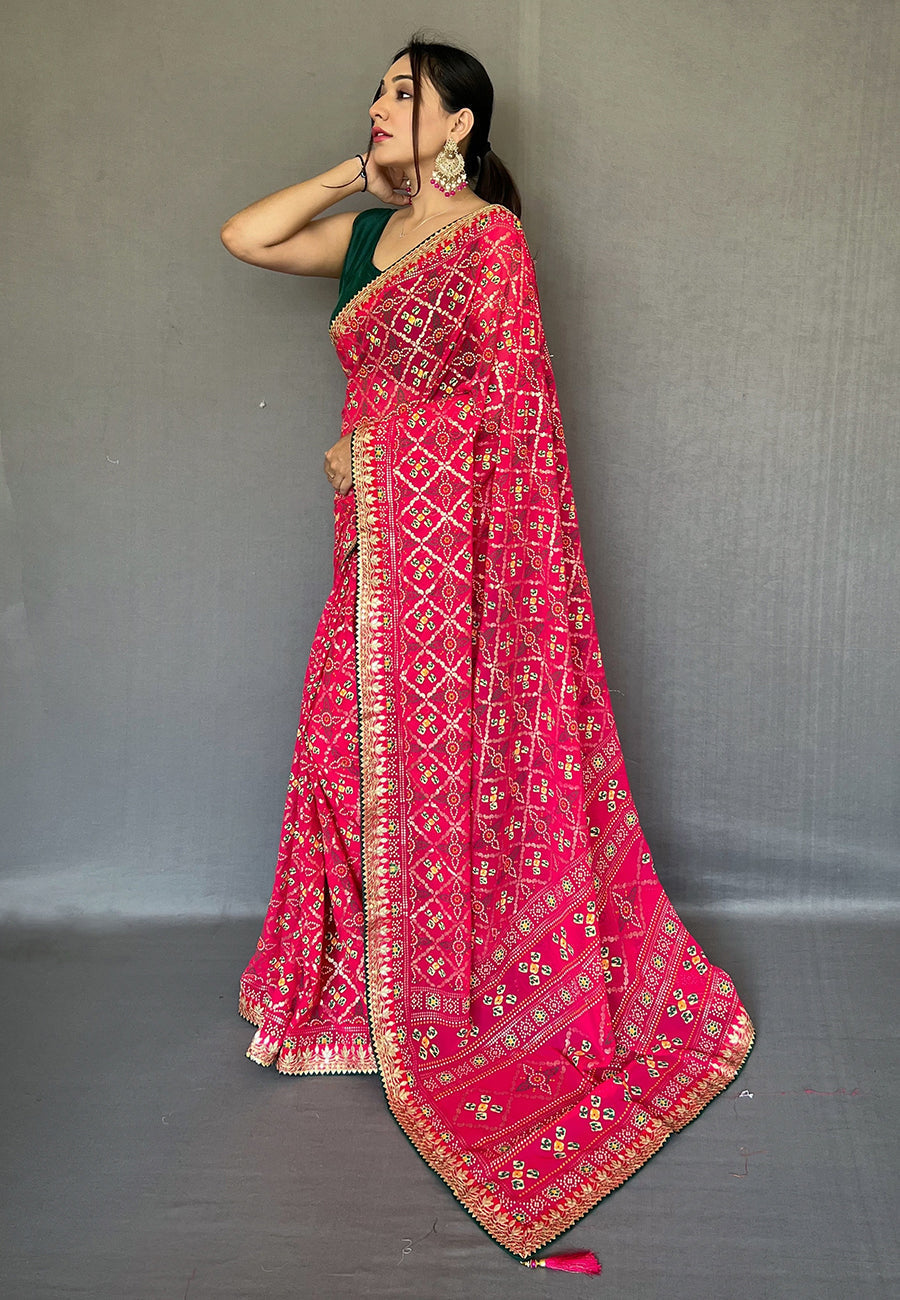 Cabaret Pink Embroidered Georgette Bandhani Saree