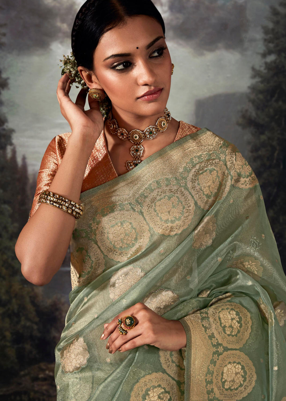 Kelp Green Woven Banarasi Organza Silk Saree