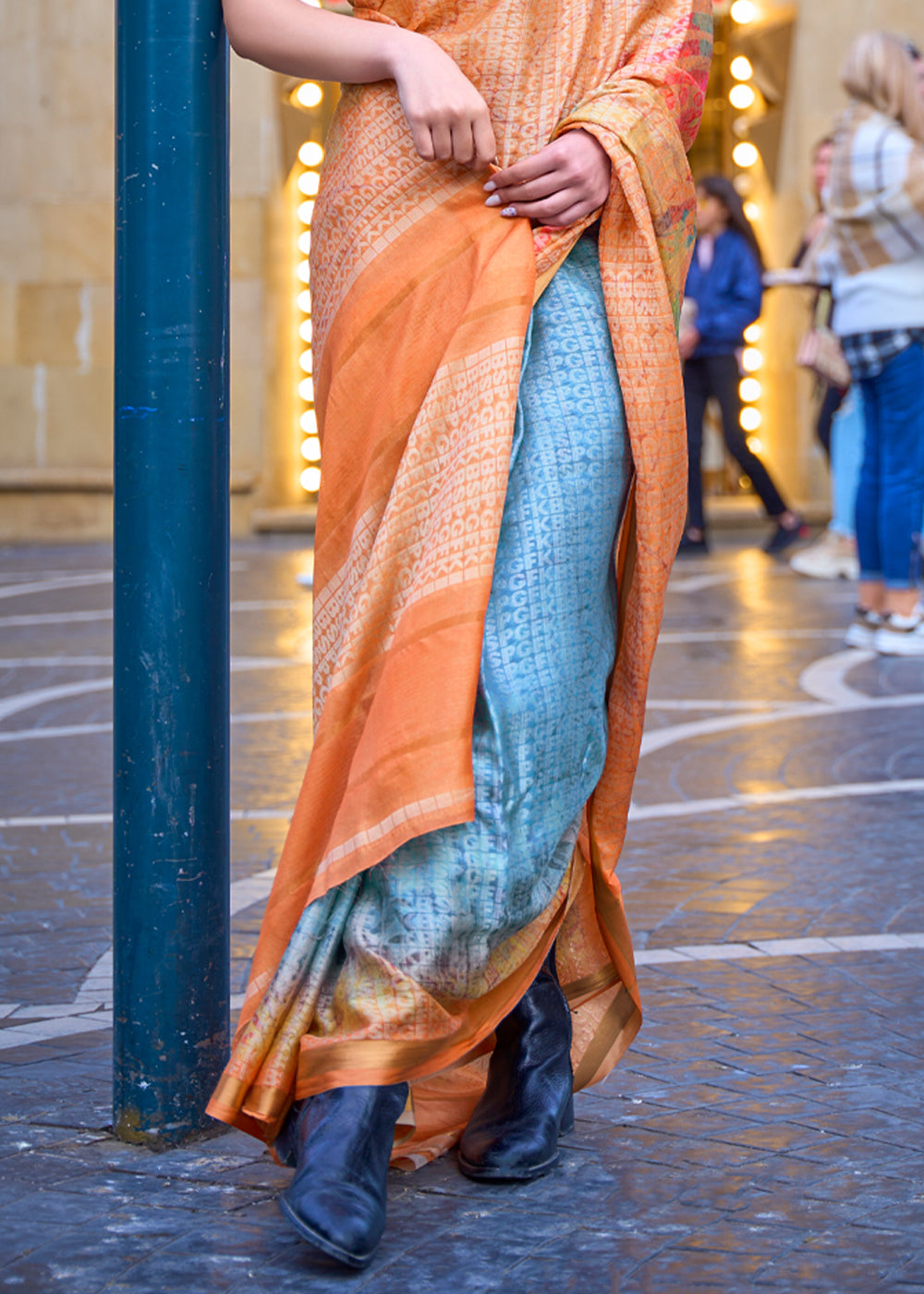 Navajo Orange Printed Handloom Weaving Saree