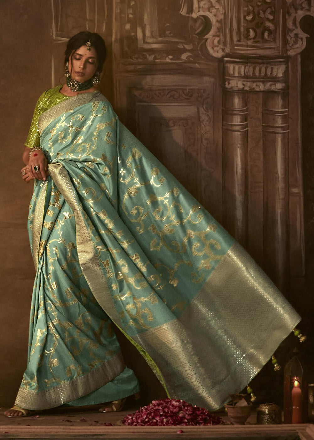 Finch Green Woven Designer Banarasi Silk Saree