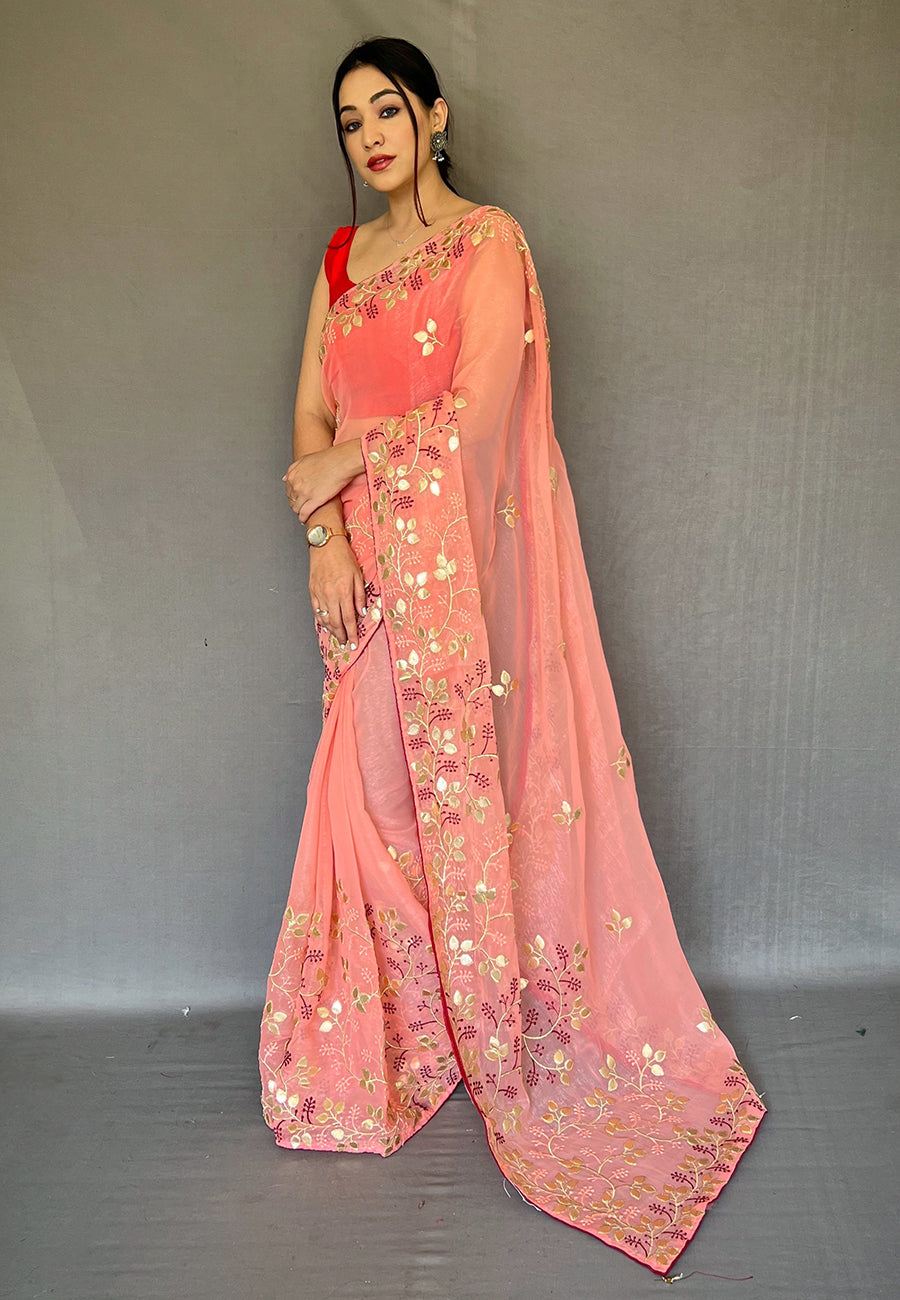 Froly Peach Embroidered Organza Silk Saree