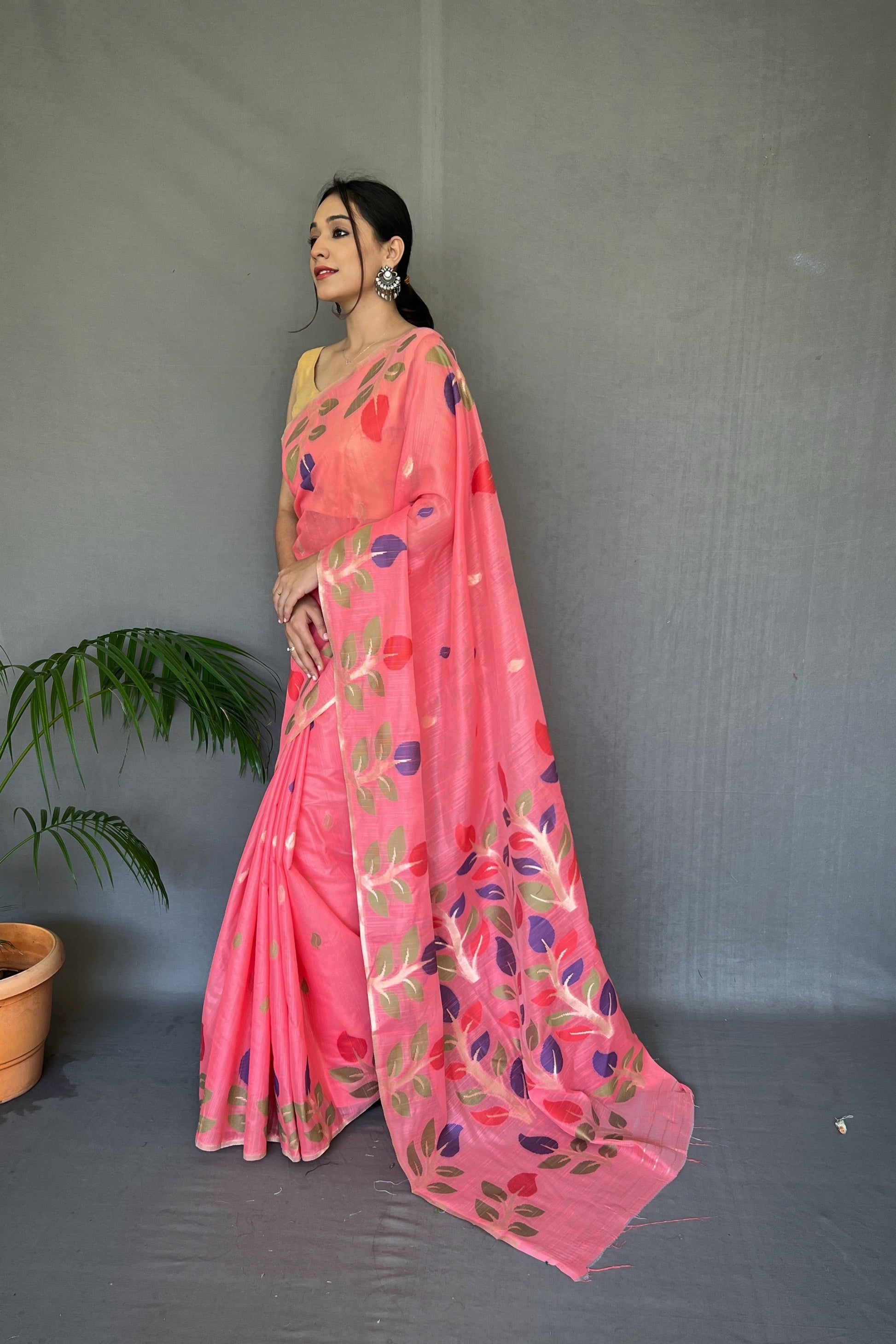 Tickle Me Pink Woven Cotton Jamdani Silk Saree