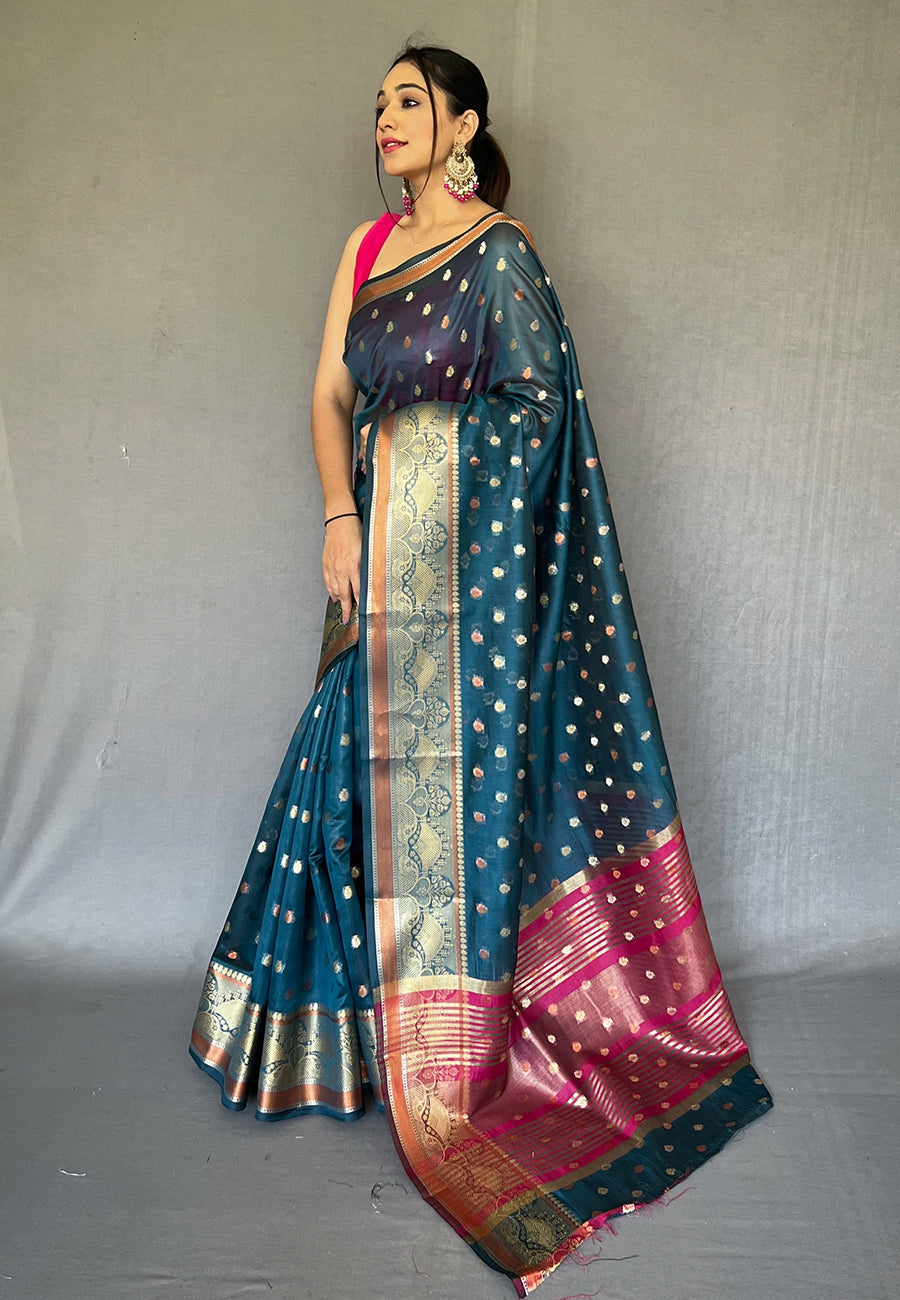 Shark Blue Zari Woven Organza Silk Saree