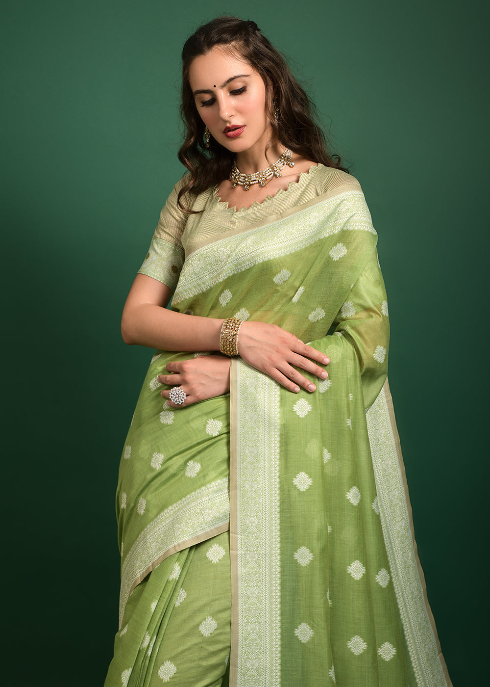 Wild Green Chikankari Chanderi Cotton Woven Saree