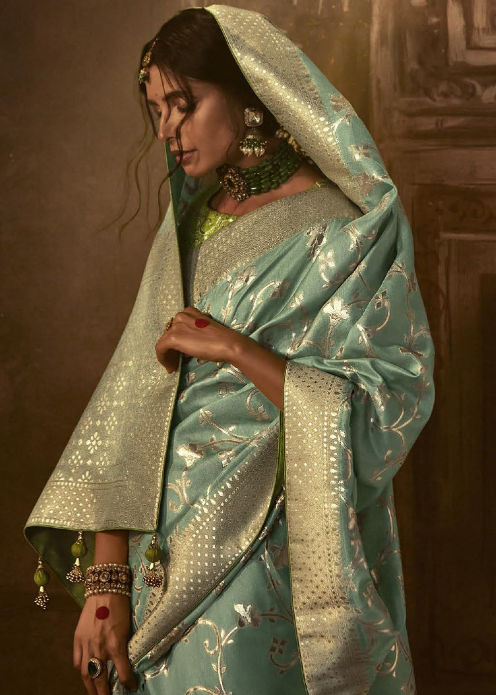 Finch Green Woven Designer Banarasi Silk Saree