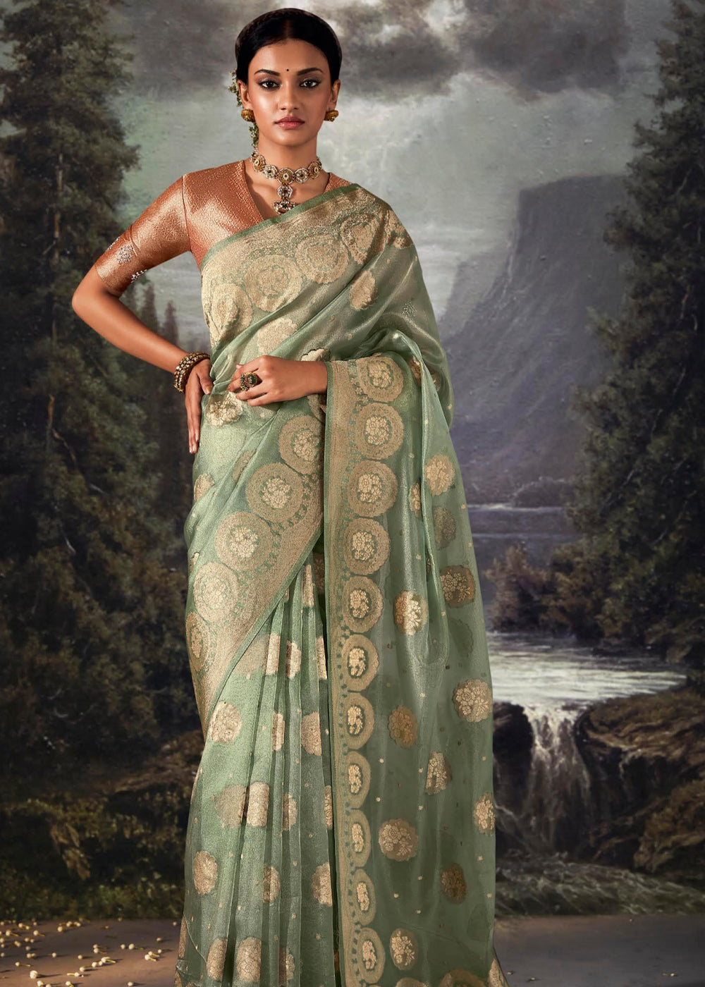 Kelp Green Woven Banarasi Organza Silk Saree