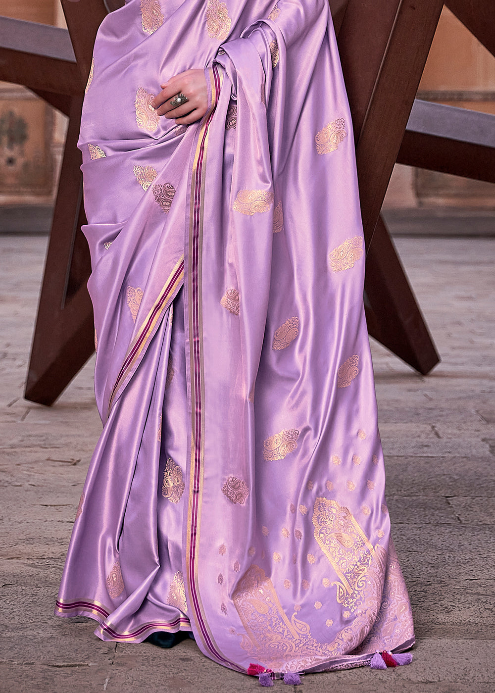 Glossy Grape Purple Woven Satin Silk Saree