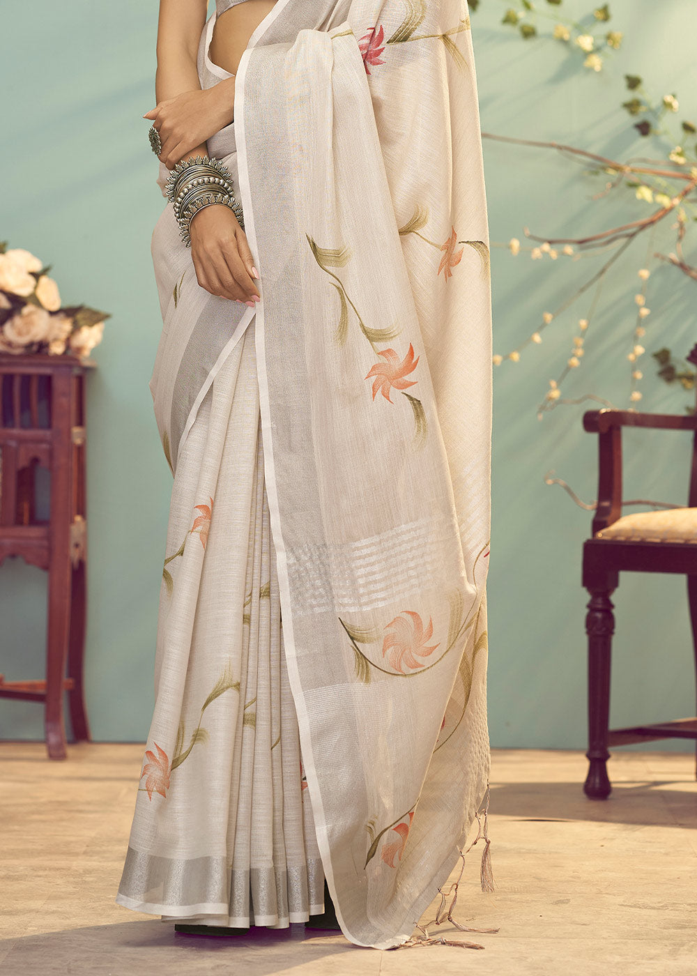 Rodeo Dust Brown Soft Linen Silk Floral Printed Saree