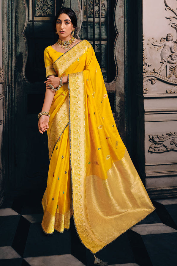 Saffron Yellow Zari Woven Banarasi Saree