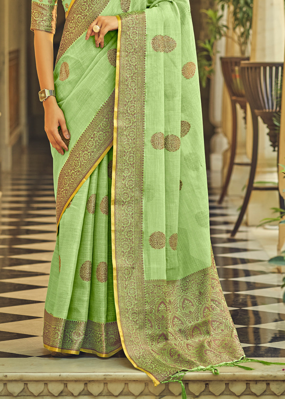 Willow Green Linen Silk Saree