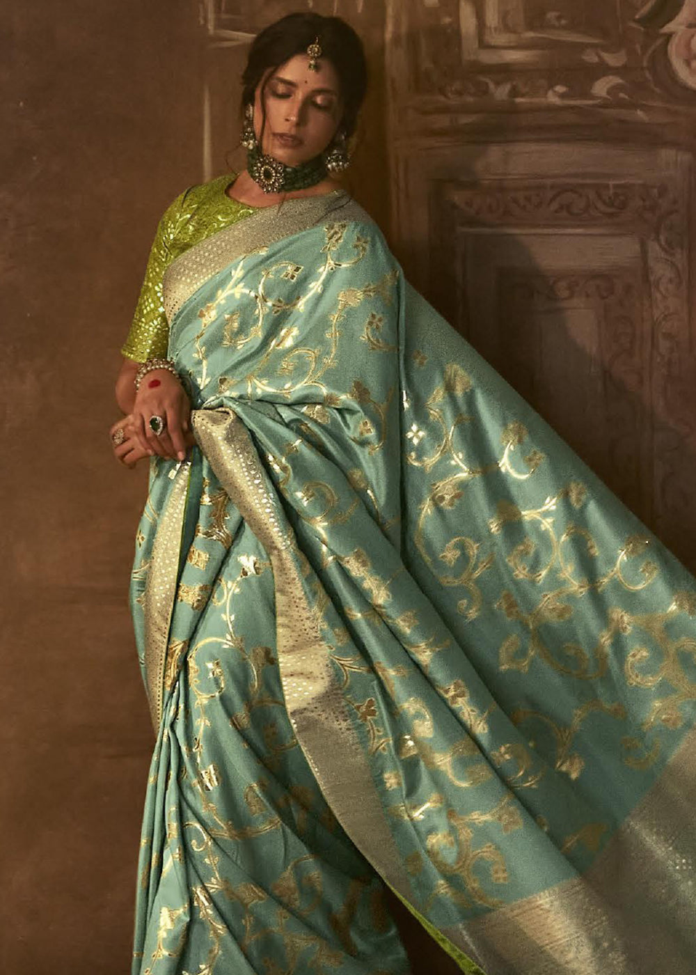 Finch Green Woven Designer Banarasi Silk Saree