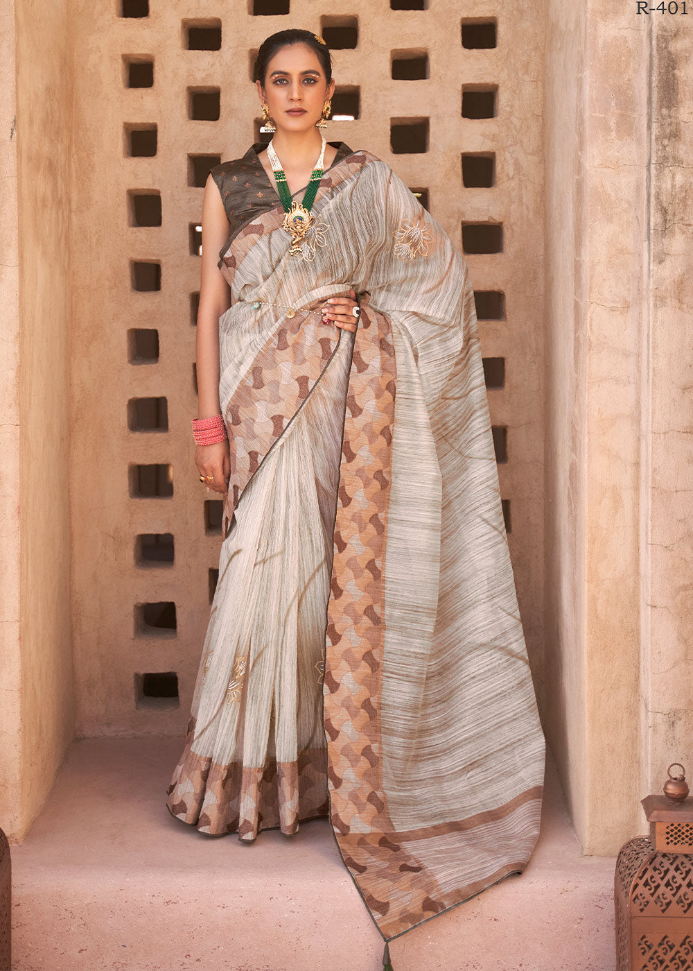 Bone Brown Printed Kora Silk Saree