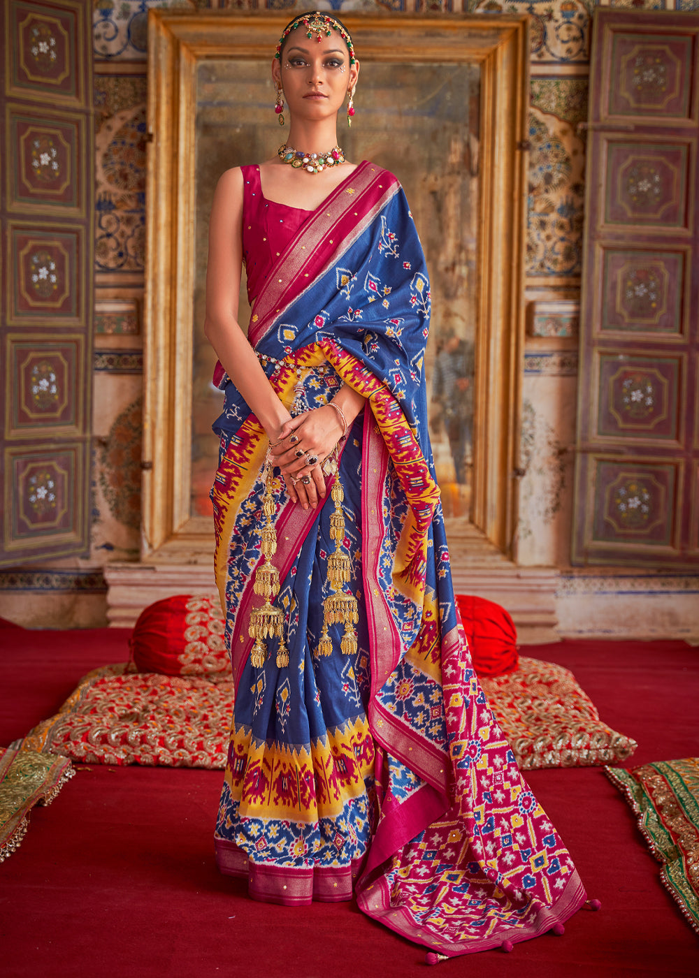 San Marino Blue and Pink Woven Patola Silk Saree