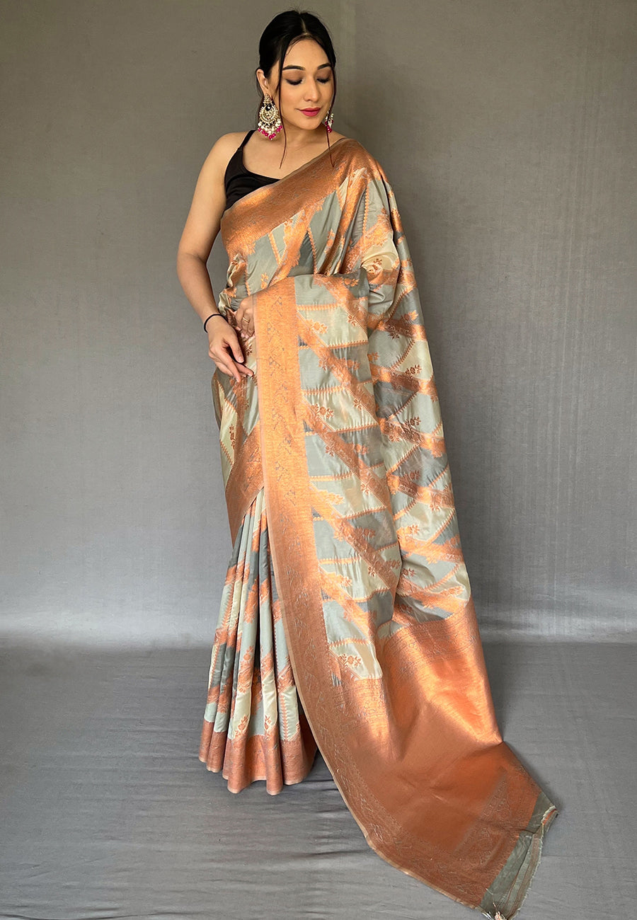 Clay Creek Grey Copper Zari Woven Organza Saree