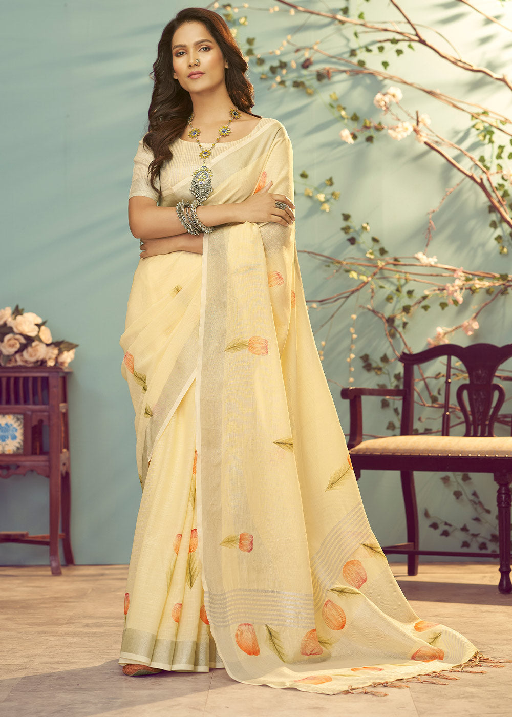 Primrose Yellow Soft Linen Silk Floral Printed Saree