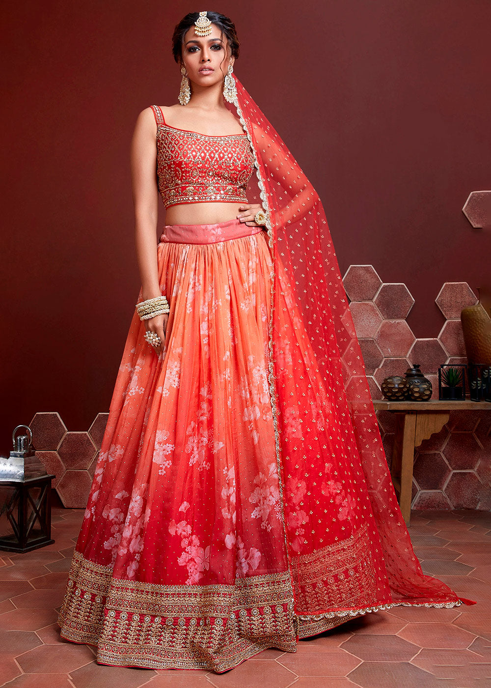 Punch Red Printed Organza Silk Lehenga Choli