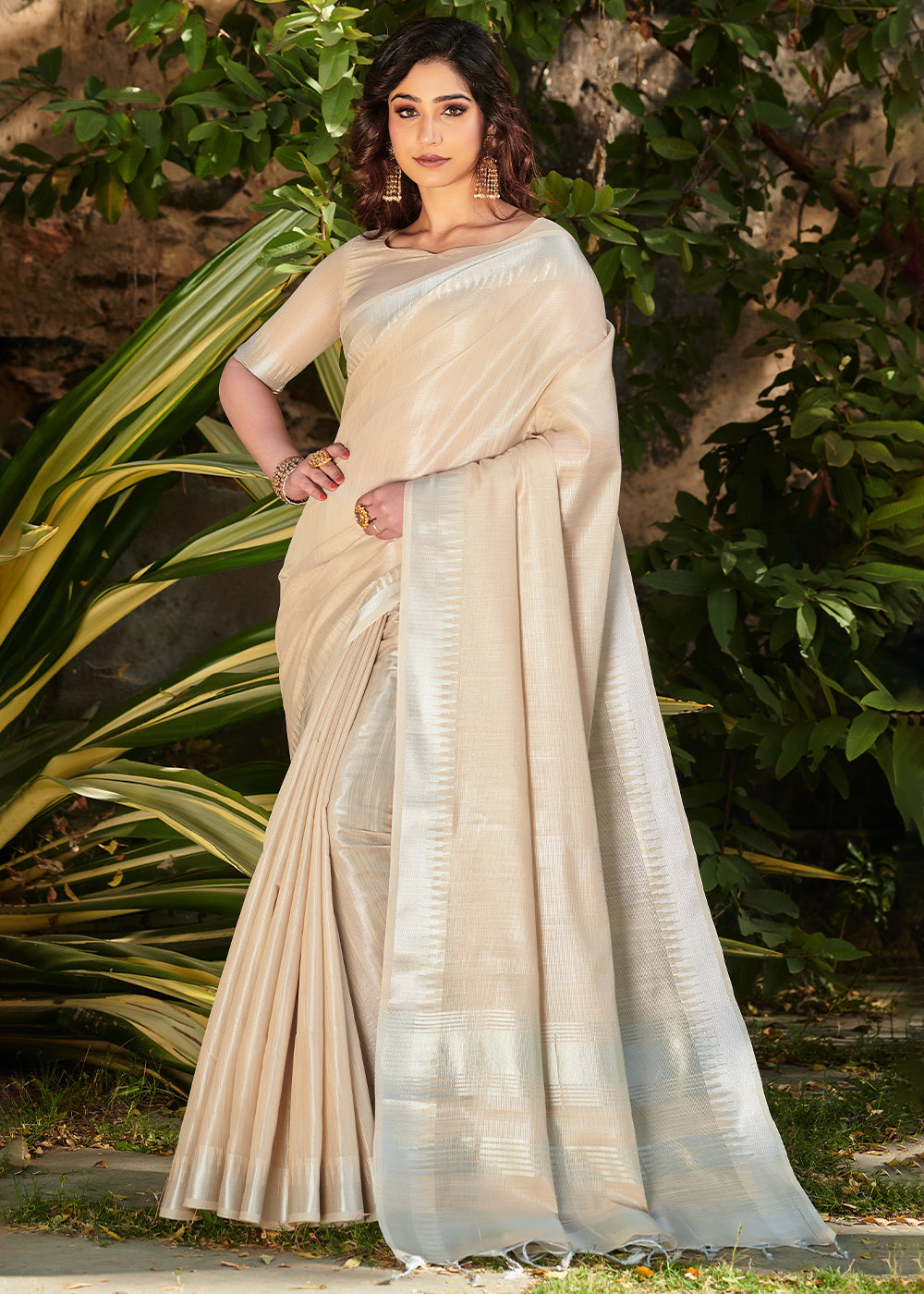 Dairy Cream Zari Woven Tissue Linen Saree