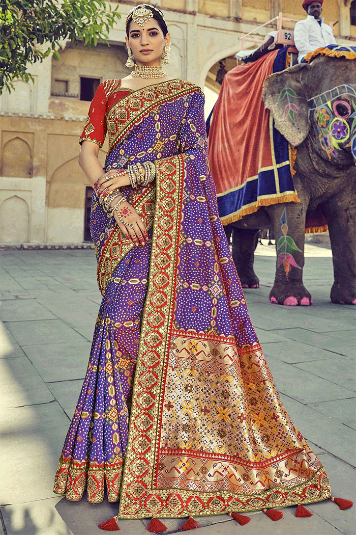 Cyber Grape Purple and Red Zari Woven Bandhej Patola Saree with Designer Blouse