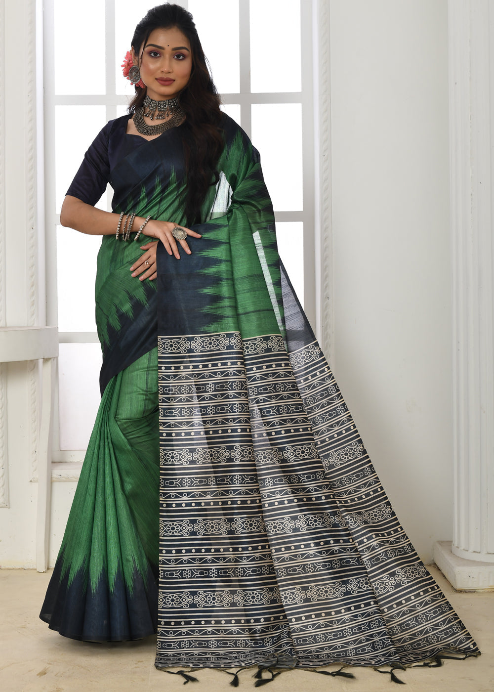 Axolotl Green Woven Tussar Ikkat Silk Saree