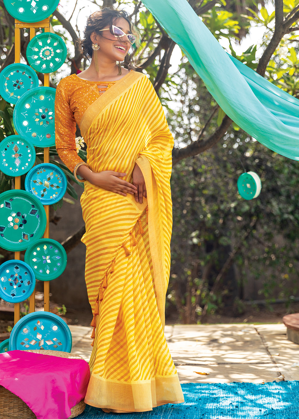 Saffron Yellow Cotton Saree With Leheriya Print