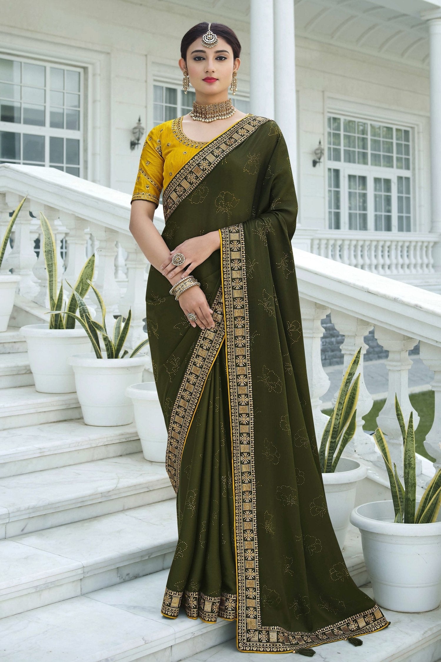 Birch Green and Yellow Chiffon Stone Work Saree