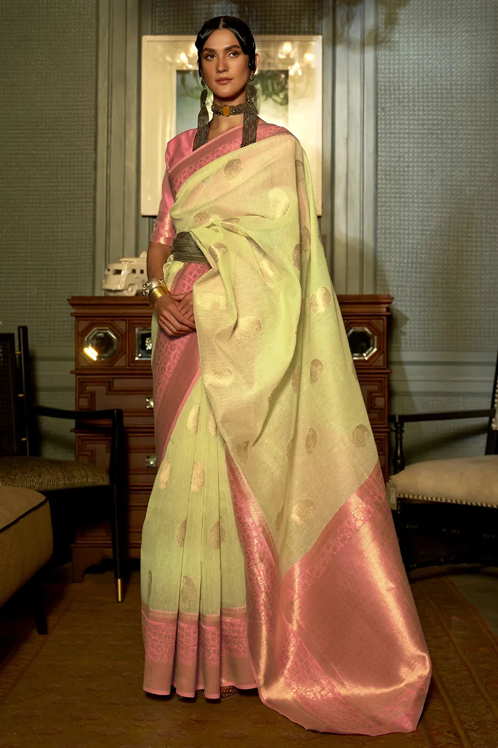 Canary Yellow Copper Zari Woven Linen Saree