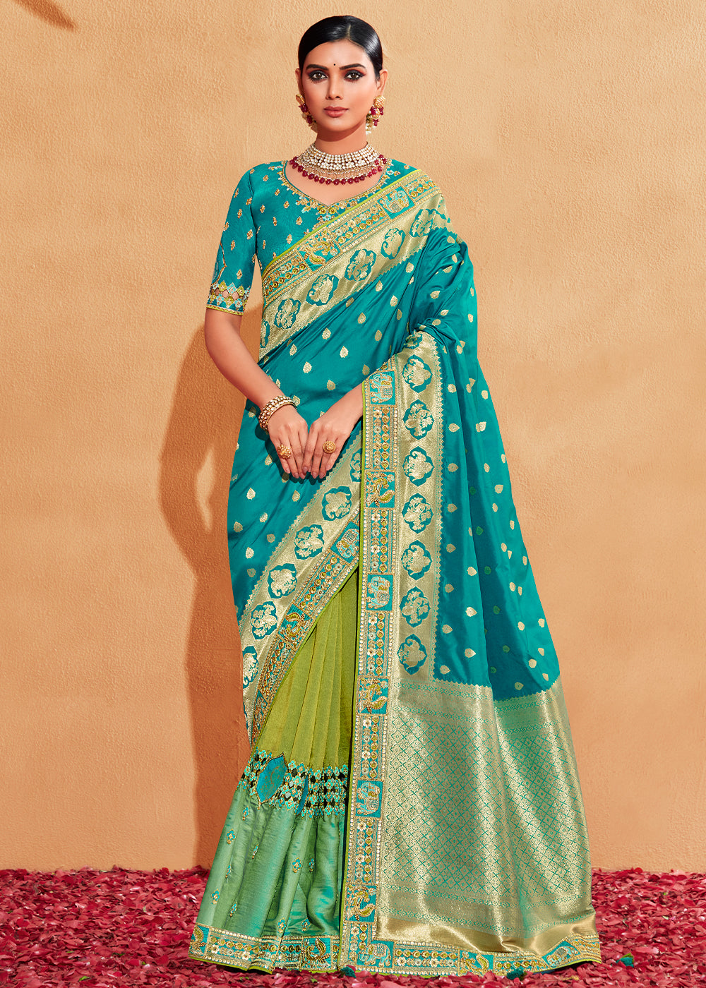 Persian Green and Blue Embroidered Banarasi Silk Saree