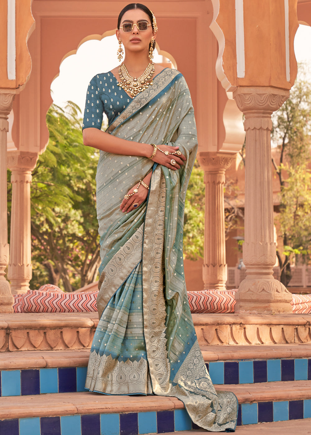 Juniper Blue Woven Soft Textured Printed Silk Saree